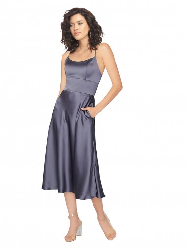 A-Linien Scoop Midi Seidiger Satin Kurze Brautjungfernkleider / Abiballkleider / Cocktailkleider / Heimkehr Kleider