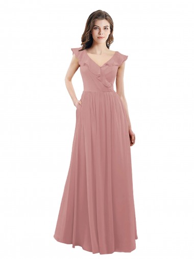 Altrosa A-Linien V-Ausschnitt Chiffon Lange Brautjungfernkleider