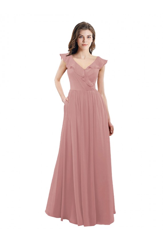 Altrosa A-Linien V-Ausschnitt Chiffon Lange Brautjungfernkleider