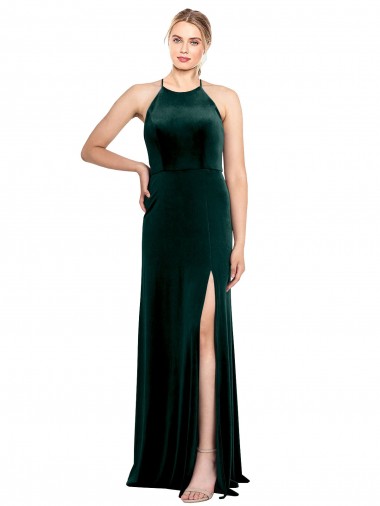Dunkelgrün A-Linien Spaghetti-Träger Jewel Neck Stretch-Samt Lange Brautjungfernkleider / Abiballkleider