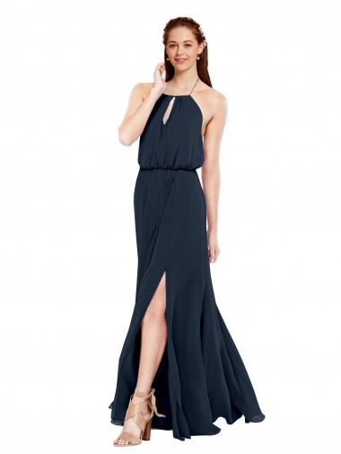 Dunkelmarine A-Linien Neckholder Chiffon Lange Brautjungfernkleider