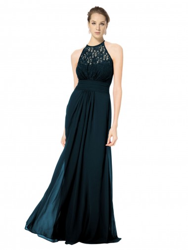 Dunkelmarine A-Linien Neckholder Illusion Ausschnitt Chiffon Spitze Lange Brautjungfernkleider
