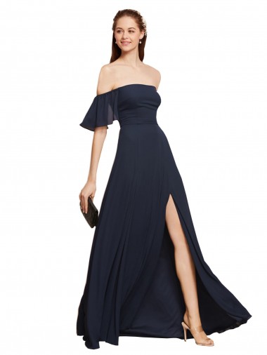 Dunkelmarine A-Linien Off-Schulter Chiffon Lange Brautjungfernkleider / Abiballkleider