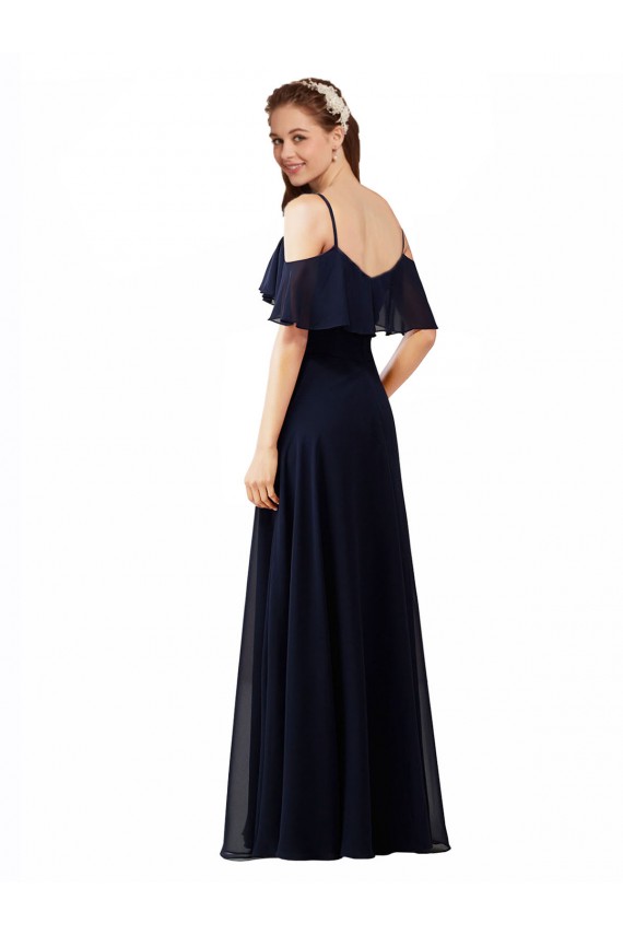 Dunkelmarine A-Linien Off-Schulter V-Ausschnitt Chiffon Lange Brautjungfernkleider