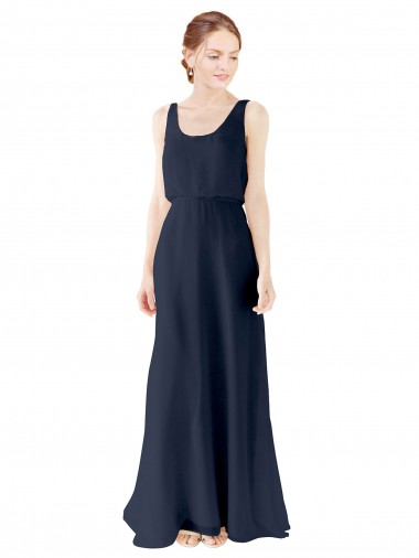 Dunkelmarine A-Linien Scoop Chiffon Lange Brautjungfernkleider