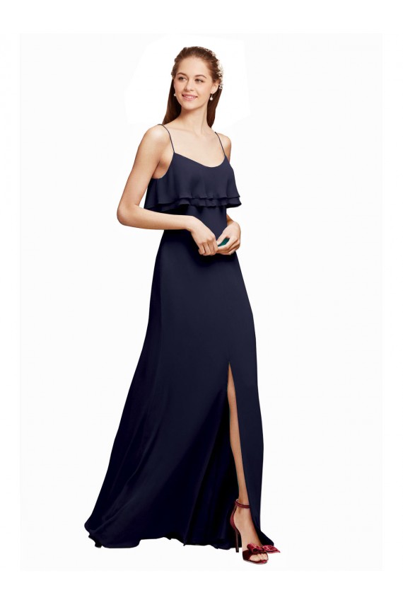 Dunkelmarine A-Linien Spaghetti-Träger Scoop Chiffon Lange Brautjungfernkleider
