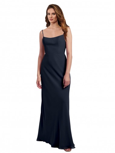 Dunkelmarine A-Linien Spaghetti-Träger Scoop Chiffon Lange Brautjungfernkleider