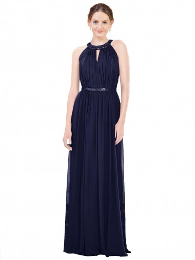 Dunkelmarine A-Linien Stehkragen Ausschnitt Chiffon Lange Brautjungfernkleider