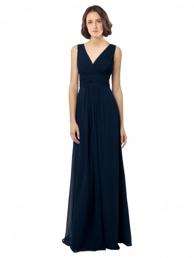 Dunkelmarine A-Linien V-Ausschnitt Chiffon Lange Brautjungfernkleider