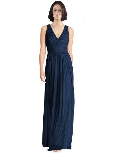 Dunkelmarine A-Linien V-Ausschnitt Chiffon Lange Brautjungfernkleider