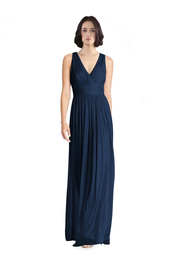 Dunkelmarine A-Linien V-Ausschnitt Chiffon Lange Brautjungfernkleider