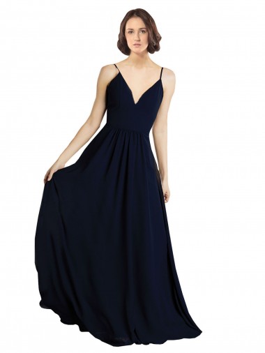 Dunkelmarine A-Linien V-Ausschnitt Chiffon Lange Brautjungfernkleider