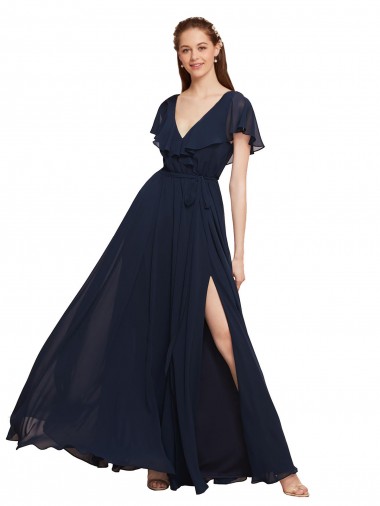 Dunkelmarine A-Linien V-Ausschnitt Chiffon Lange Brautjungfernkleider