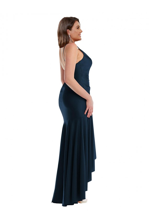 Dunkelmarine Meerjungfrau Spaghetti-Träger Seidiger Satin Lange Formale Brautjungfernkleider / Abendkleider / Abiballkleider