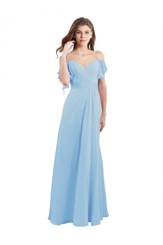 Helles Himmelblau A-Linien Spaghetti-Träger Chiffon Lange Brautjungfernkleider