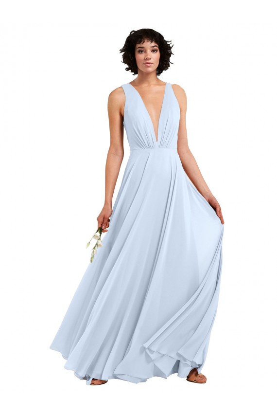 Helles Himmelblau A-Linien V-Ausschnitt Chiffon Lange Brautjungfernkleider