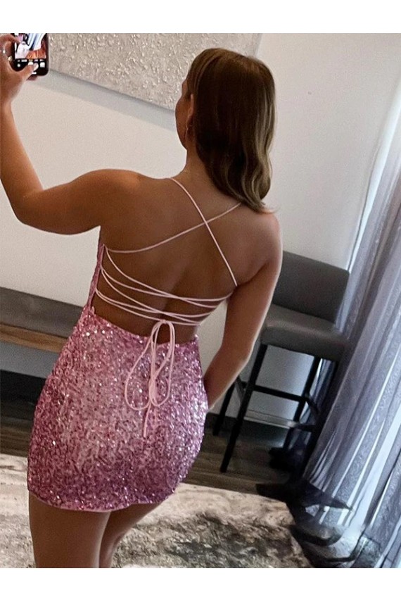Hot Rosa Etui Spaghetti-Träger Kurze Samt Paillette Kurze Abiballkleider
