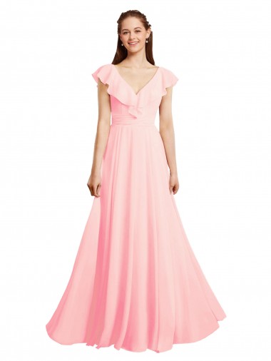 Rosa A-Linien V-Ausschnitt Chiffon Lange Brautjungfernkleider