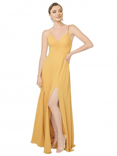 Safran A-Linien V-Ausschnitt Chiffon Lange Brautjungfernkleider