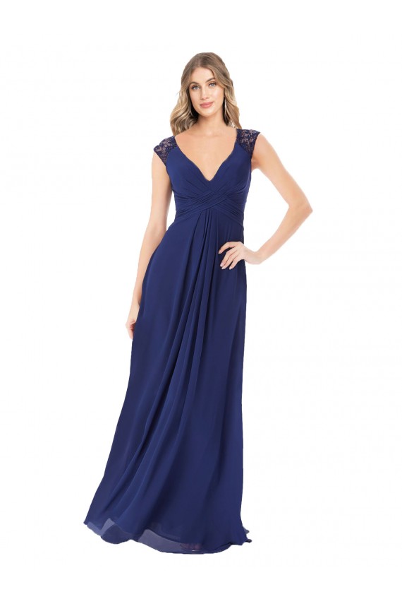 Saphir A-Linien V-Ausschnitt Chiffon Lange Brautjungfernkleider