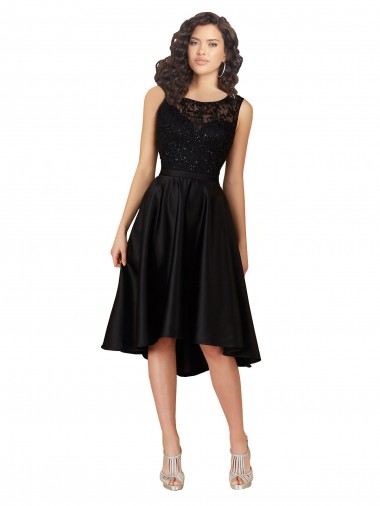 Schwarz A-Linien Illusion Ausschnitt Midi Satin Spitze Kurze Brautjungfernkleider / Cocktailkleider / Heimkehr Kleider