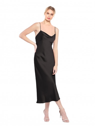 Schwarz A-Linien Spaghetti-Träger Haube Ausschnitt Midi Stretch-Satin Kurze Formale Brautjungfernkleider / Abendkleider / Abiballkleider / Cocktailkleider / Heimkehr Kleider
