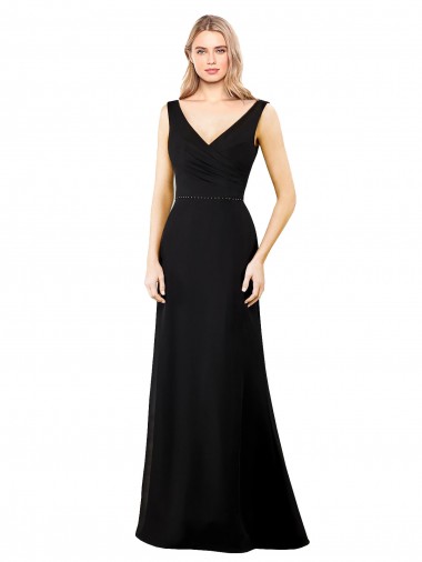 Schwarz A-Linien V-Ausschnitt Chiffon Lange Brautjungfernkleider / Abiballkleider