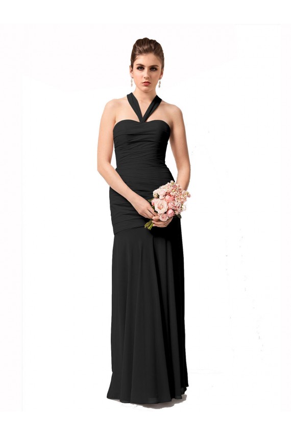 Schwarz Meerjungfrau Neckholder Chiffon Lange Brautjungfernkleider