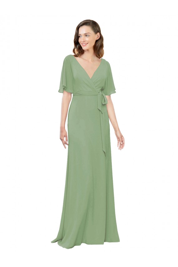 Seegras A-Linien V-Ausschnitt Chiffon Lange Brautjungfernkleider