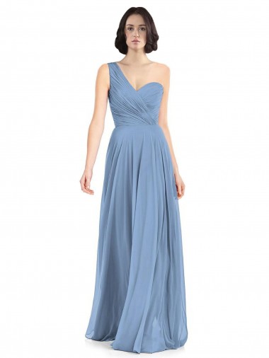 Staubiges Blau A-Linien Eine-Schulter Chiffon Lange Brautjungfernkleider
