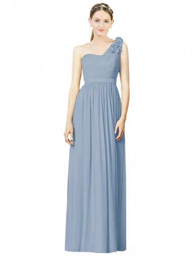 Staubiges Blau A-Linien Eine-Schulter Chiffon Lange Brautjungfernkleider