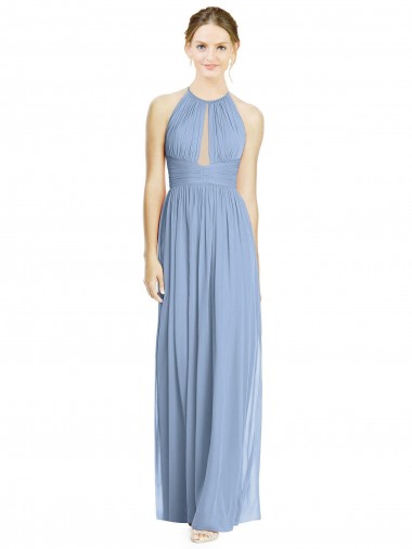 Staubiges Blau A-Linien Neckholder Chiffon Lange Brautjungfernkleider
