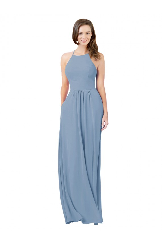 Staubiges Blau A-Linien Neckholder Chiffon Lange Brautjungfernkleider