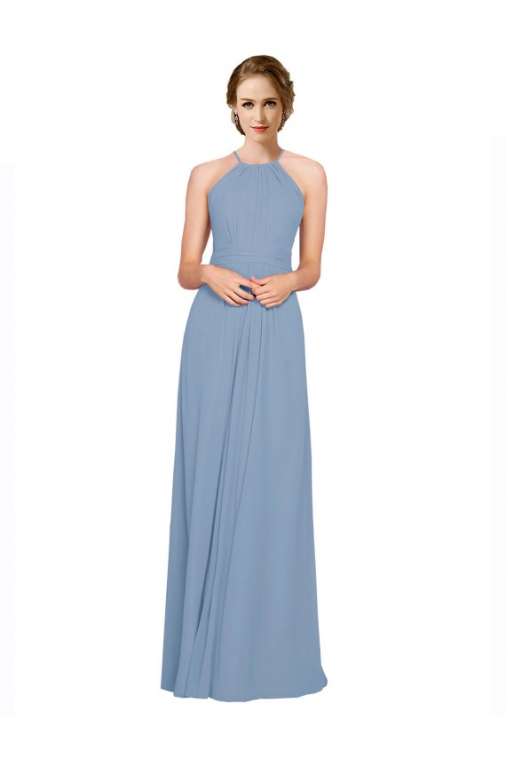 Staubiges Blau A-Linien Neckholder Stehkragen Ausschnitt Chiffon Lange Brautjungfernkleider