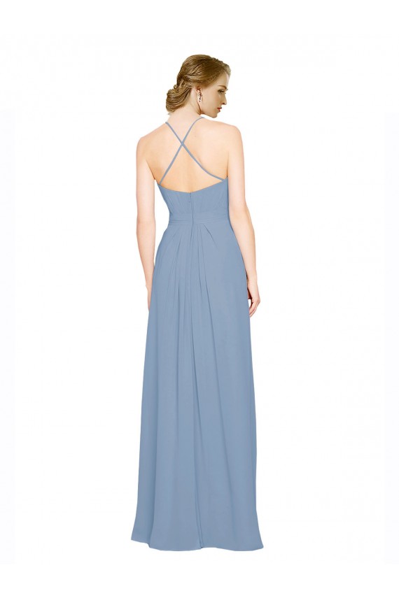 Staubiges Blau A-Linien Neckholder Stehkragen Ausschnitt Chiffon Lange Brautjungfernkleider