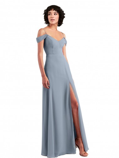 Staubiges Blau A-Linien Off-Schulter Spaghetti-Träger Chiffon Lange Brautjungfernkleider