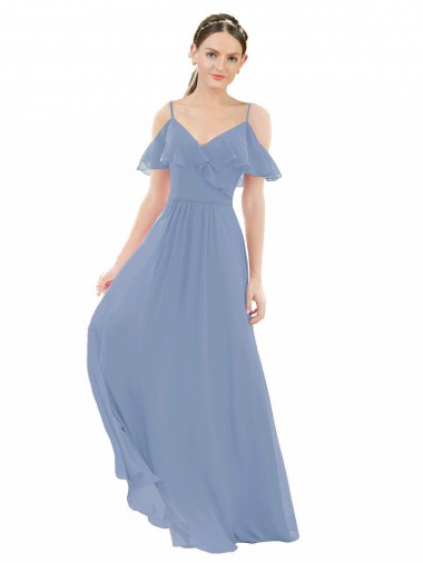 Staubiges Blau A-Linien V-Ausschnitt Chiffon Lange Brautjungfernkleider