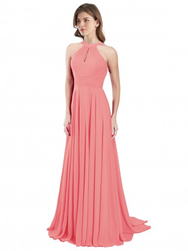 Wassermelone A-Linien Neckholder Chiffon Lange Brautjungfernkleider
