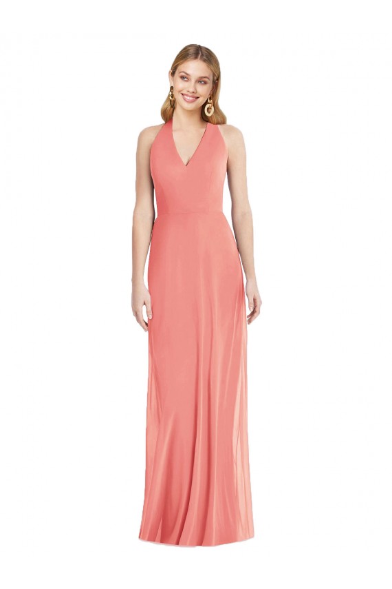 Wüstenrose Trompete Neckholder V-Ausschnitt Chiffon Lange Formale Brautjungfernkleider / Abendkleider